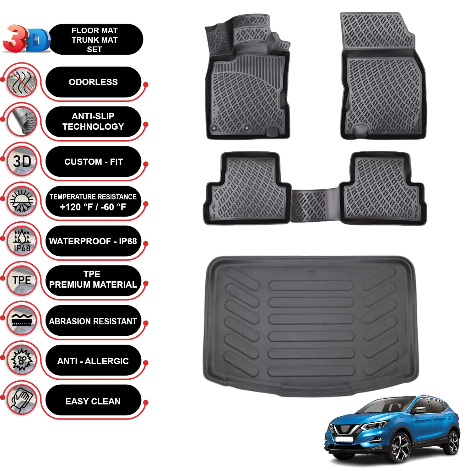 Nissan Qashqai Visia - (2014-2021) - Floor Mats + Cargo Trunk Liner - SET - (Black)