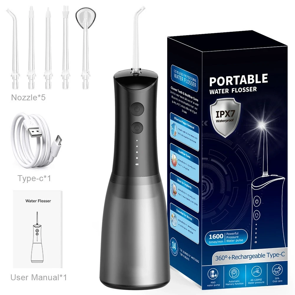 

Портативный ирригатор для полости рта, водная зубная нить, зубочистки, перезаряжаемая, 360 мл, машина для мытья рта, 5 насадок, водонепроницаемый уход за полостью рта