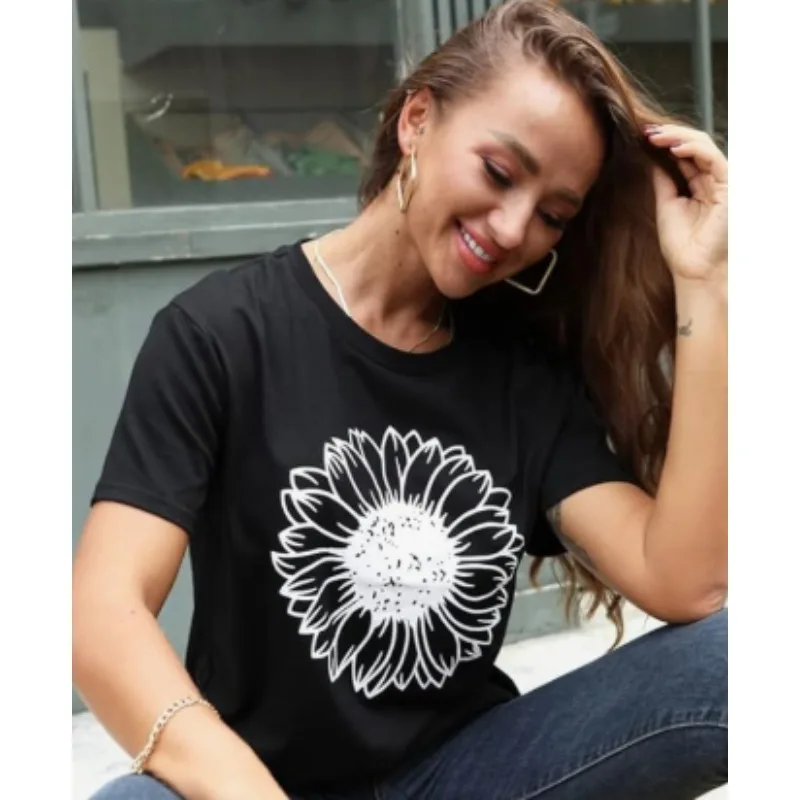 Sommer-Sonnenblumen-T-Shirt für Damen, niedliche Blumengrafik, lockere T-Shirts, Rundhalsausschnitt, kurze Ärmel, lässige Oberteile