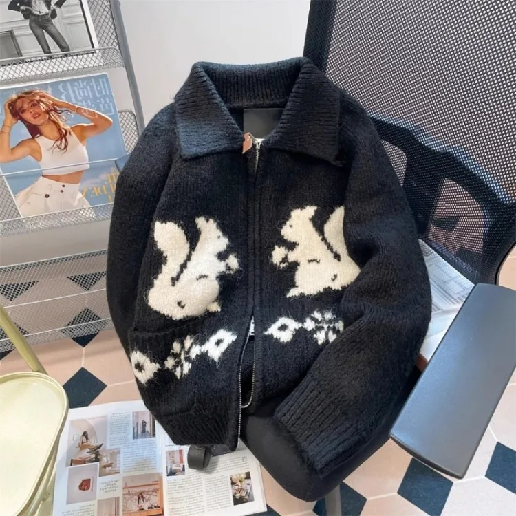 Harajuku Cute Rabbit Lapel Neck Sweaters Mujer 2024 Early Autumn New Knitted Cardigan Y2k Long Sleeve Zipper Tops Women