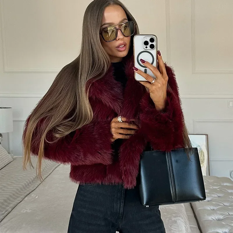 Chic Fluffy Faux Fur Coat Turn-down Collar Vintage Female Furry Jacket New Fashion Thick Coat 2024 High Street Lady Outerwear