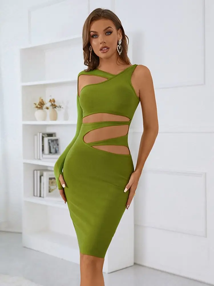 Sexy Hollow Out One Shoulder Long Sleeve Bandage Dress Women 2022 Autumn Fashion Streetwear Outfits Mesh Club Party Dresses