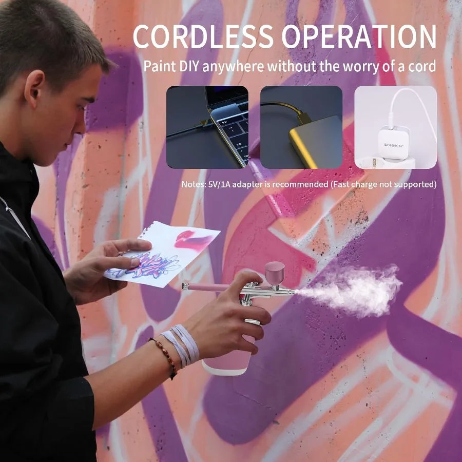 ชุดพ่นสีแบบพกพา 1200 มิลลิแอมป์ พร้อมคอมเพรสเซอร์ สำหรับแต่งหน้า ตกแต่งเค้ก ทาสีโมเดล ทำเล็บ และงานตัดผม สีชมพู