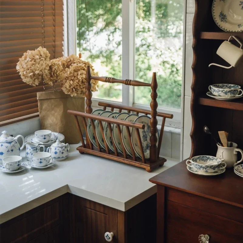 Victoria Solid Wood Plate Storage Rack, French Book and Newspaper Organizer, Decorative Drain Basket