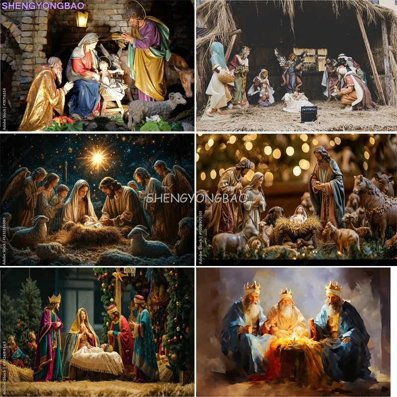 

Manger Nativity Scene Background Mary Joseph Baby Jesus in a Rustic Sunset Shepherds Prayer Faith Photography Backdrops JU-01