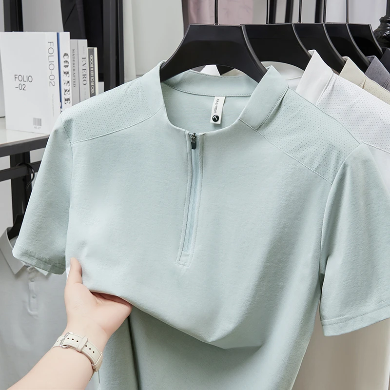 Herren Kurzarm-Poloshirts mit Halbem Reißverschluss und Stehkragen Lässige Sommer-Oberteile Leichte Atmungsaktive Hemden für Männer – Detail 13