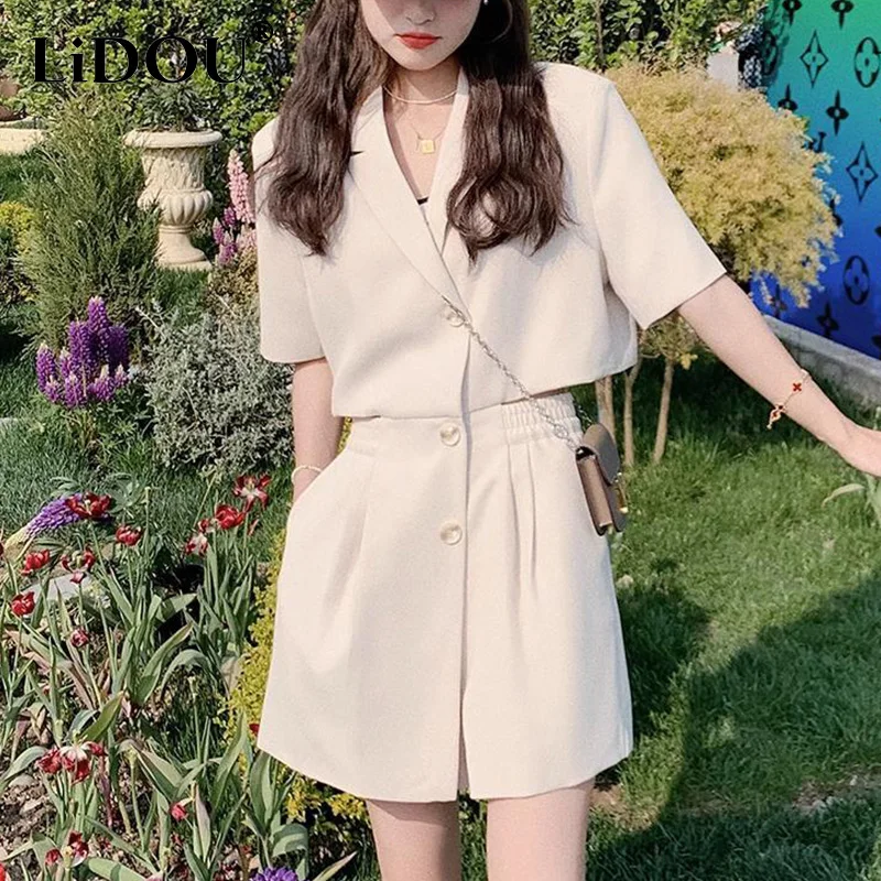 Summer New Solid Color Hollow Out Suit Playsuits Women Short Sleeve High Waist Casual Fashion Rompers Ladies Elegant Jumpsuit