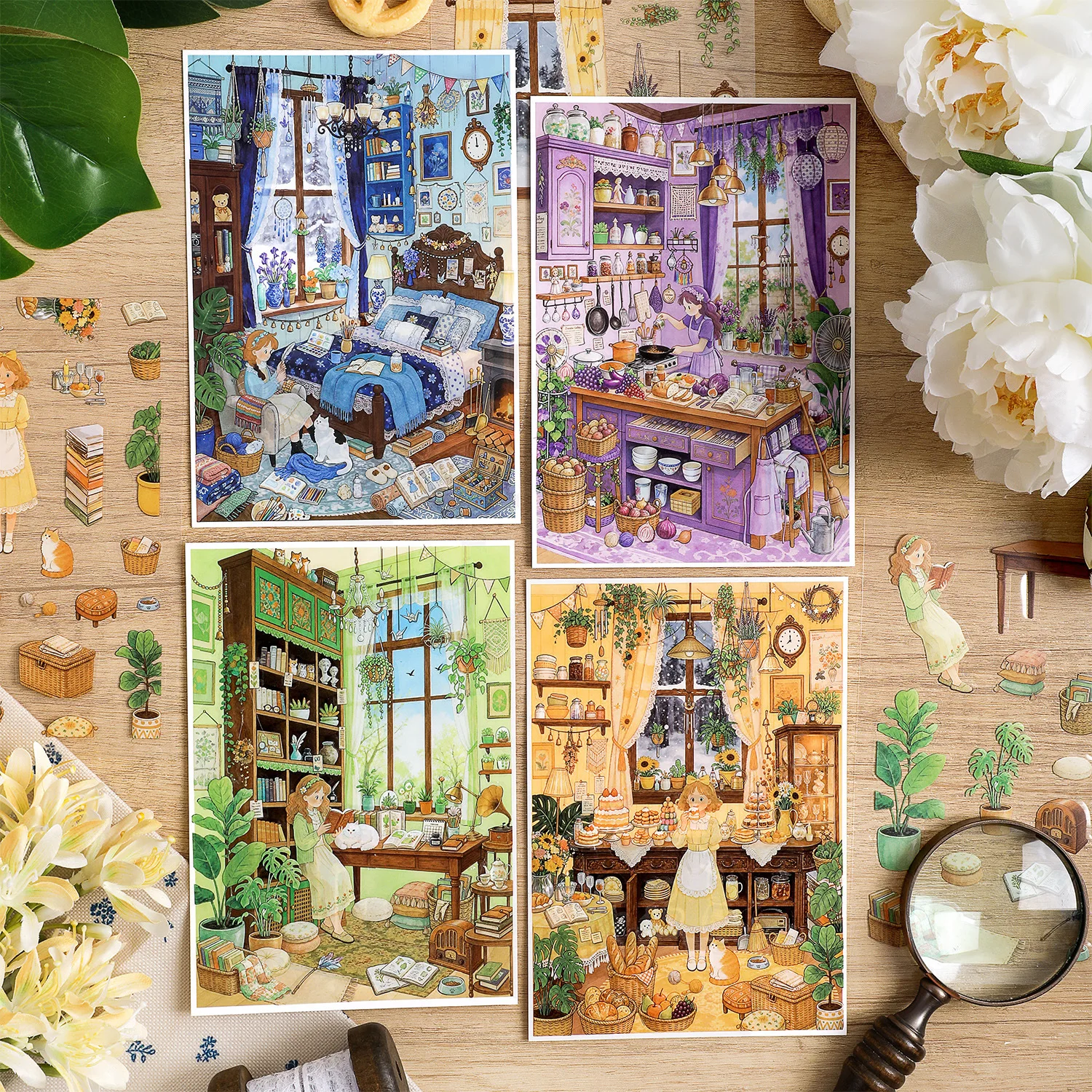 4 sheets Vintage Art Oil Painting Scene 3D Dimensional Stickers, Collage Materials for Scrapbook Journal DIY Craft