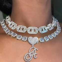 Hip Hop Bling Crystal Cursive Letter Initial Pendant Necklace Women Iced Out Cuban Choker Square Tennis Chain Necklace Jewelry