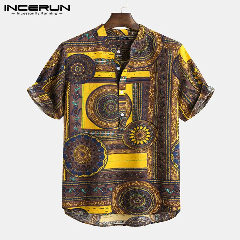 INCERUN-camisa informal con estampado Vintage para hombre, ropa de calle de manga corta con cuello levantado, S-5XL de ocio, vacaciones, 2024