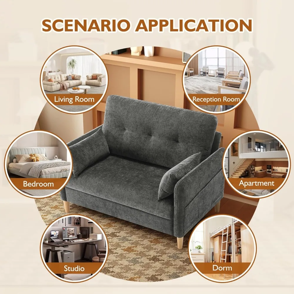 Sofá pequeno de 47 polegadas para quarto, mini sofá de chenille macio com travesseiro e capa de almofada removível para espaço pequeno