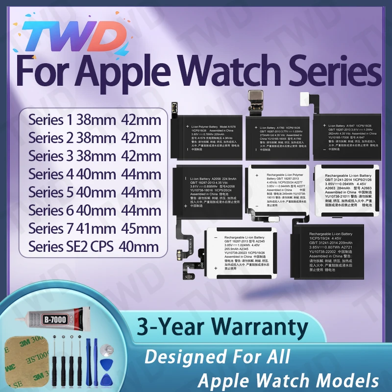 Premium Power Compatible Brand Battery for Apple Watch Series / iWatch SE 1 2 3 4 5 6 7 - 38 40 41 42 44 45mm with Free Tools