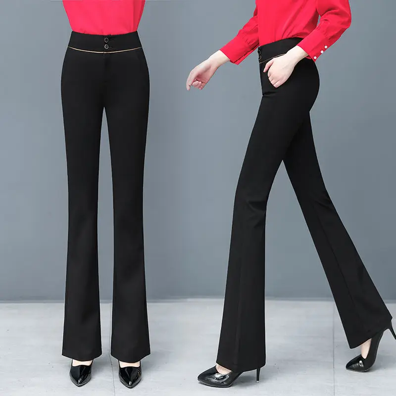 2024 Autumn Winter New High Waist Flare Ladies Korean Slim Casual Wide Leg Pants Fashion Solid Color Elastic Waist Trousers