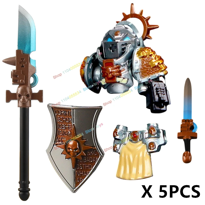 ZC113-5 Medieval Heavy armor Grey Knight Carry Weapons Accessories Shield Knife Sword Long Spear Armour Building Blocks Kid Toys