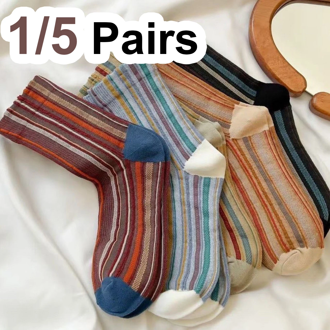 1/5 Paar farbige vertikal gestreifte Damen-Mittelrohrsocken, modische Retro-Kunst, ethnischer Stil, weiche, bequeme Vier-Jahreszeiten-Freizeitsocken