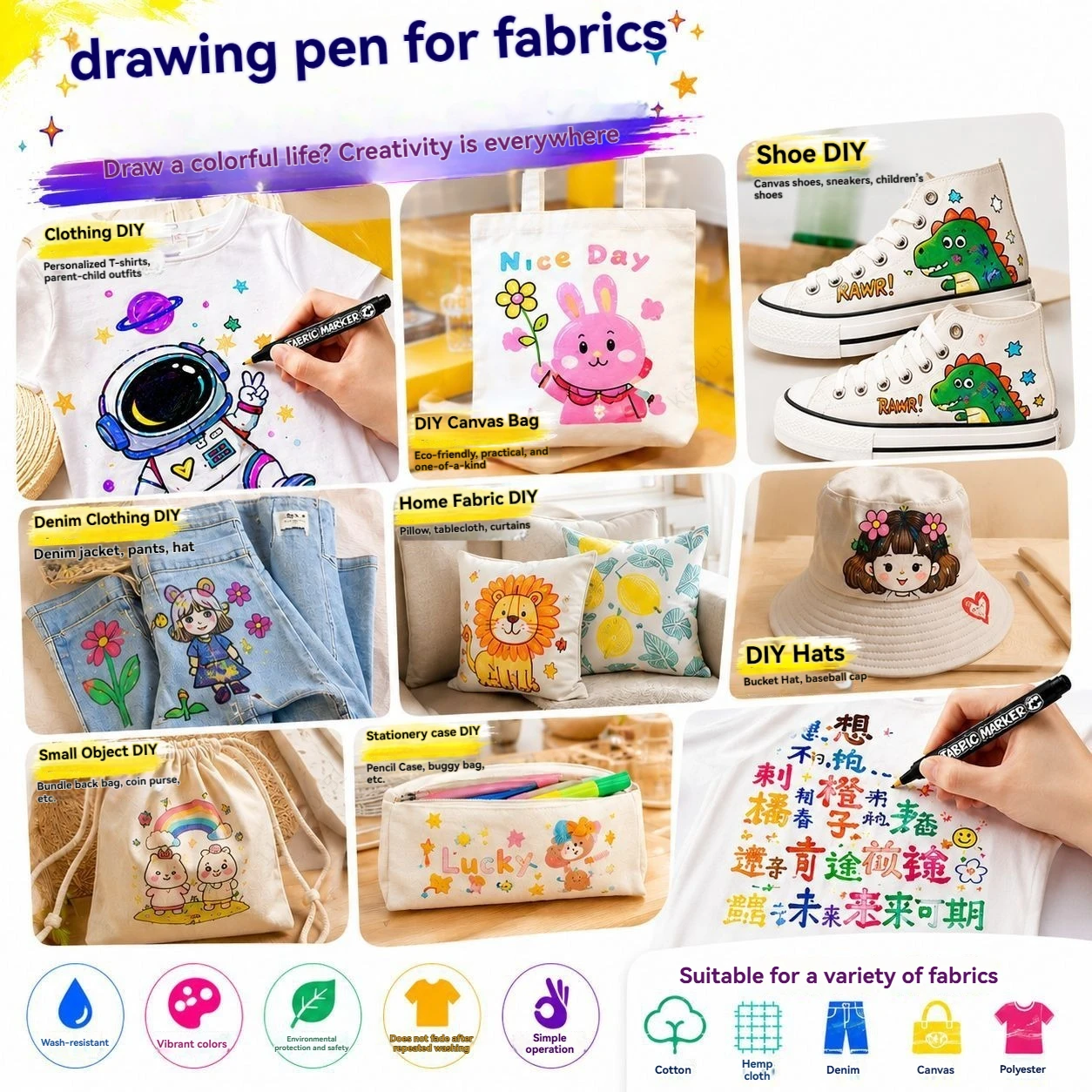 12/24/36 Colors Fabric Markers Pens Set Indelible and Permanent Fabric Paint Fine Point Textile Marker Pen Art Painting Supplies