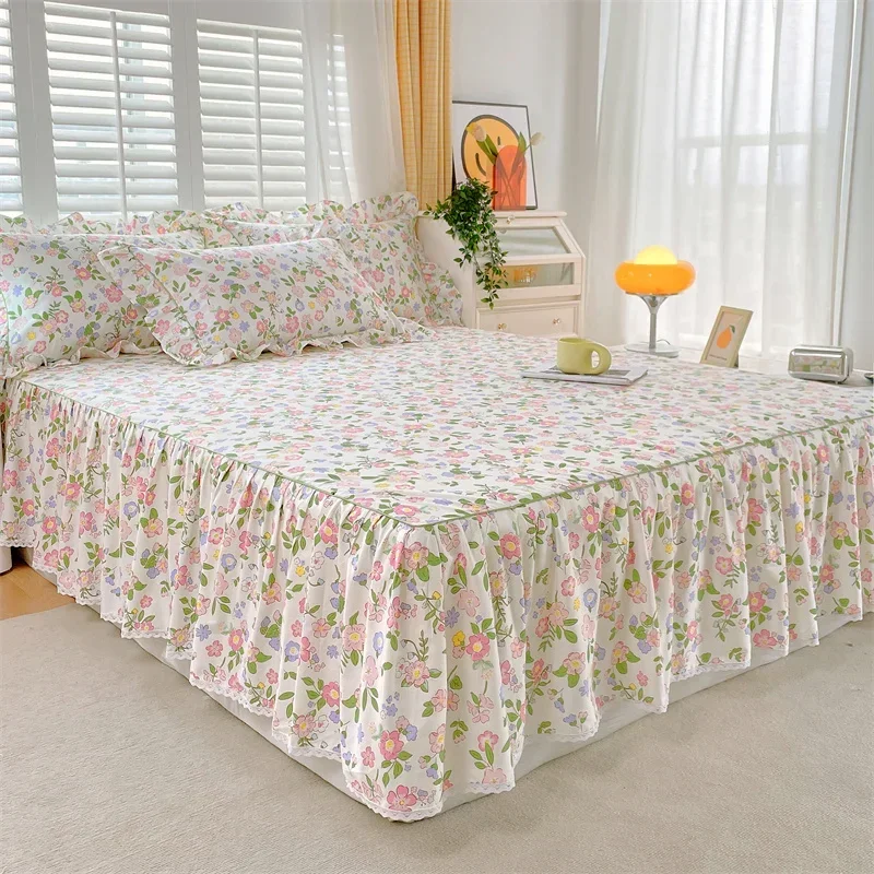 Imagem -03 - Saia de Cama Floral Impressa Folha com Babados 100 Algodão Queen e King Size Full Size Solteiro 1pc