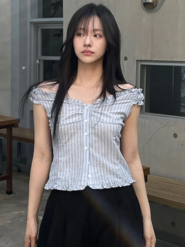 Coréen Sle bleu rayé ort Sve femmes irt dentelle garniture bouton unique printemps été Faion trajet pur e-commerce