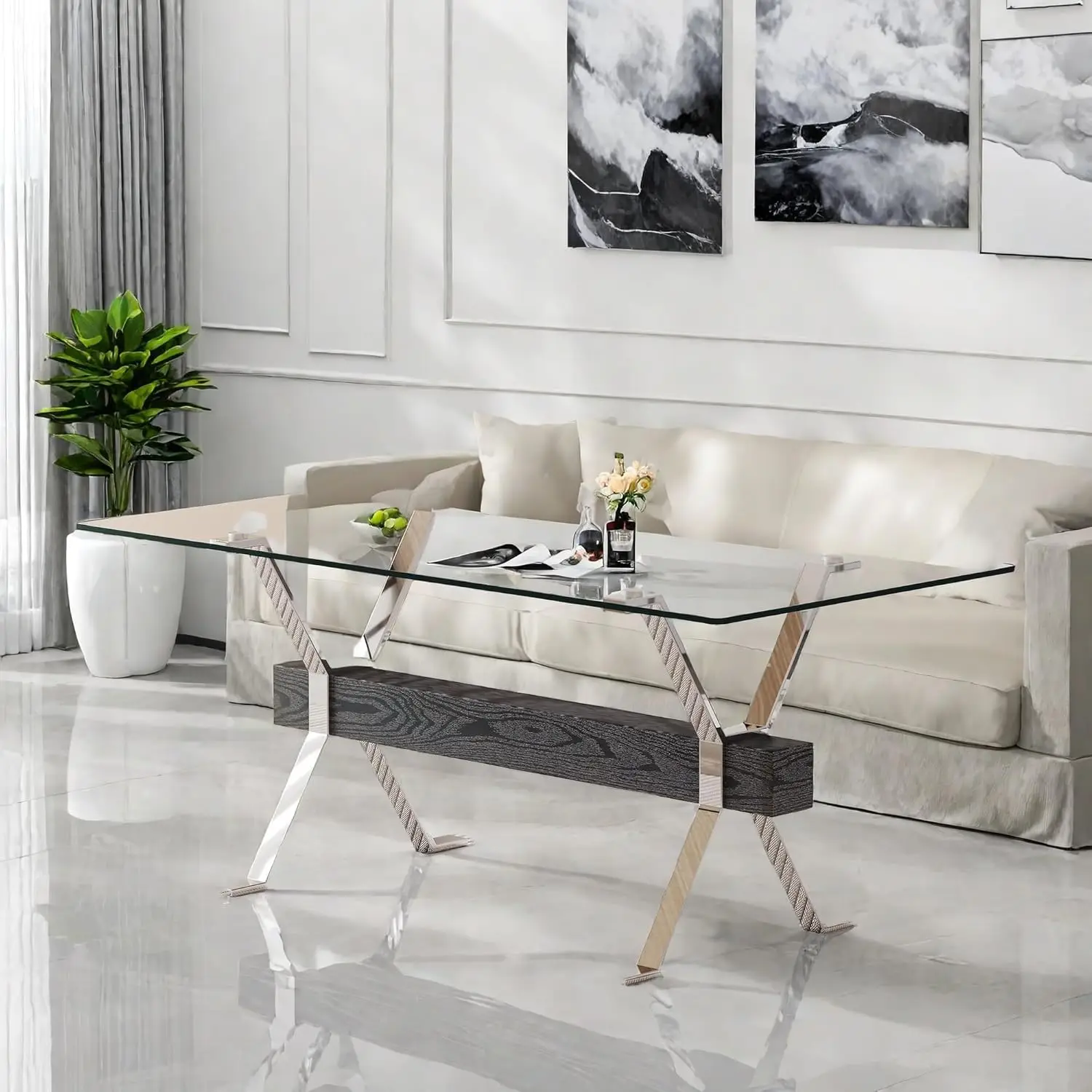 Large Dining Table, Modern Office Desk With Silver Plated Metal Legs & Black Mdf Crossbars, 71