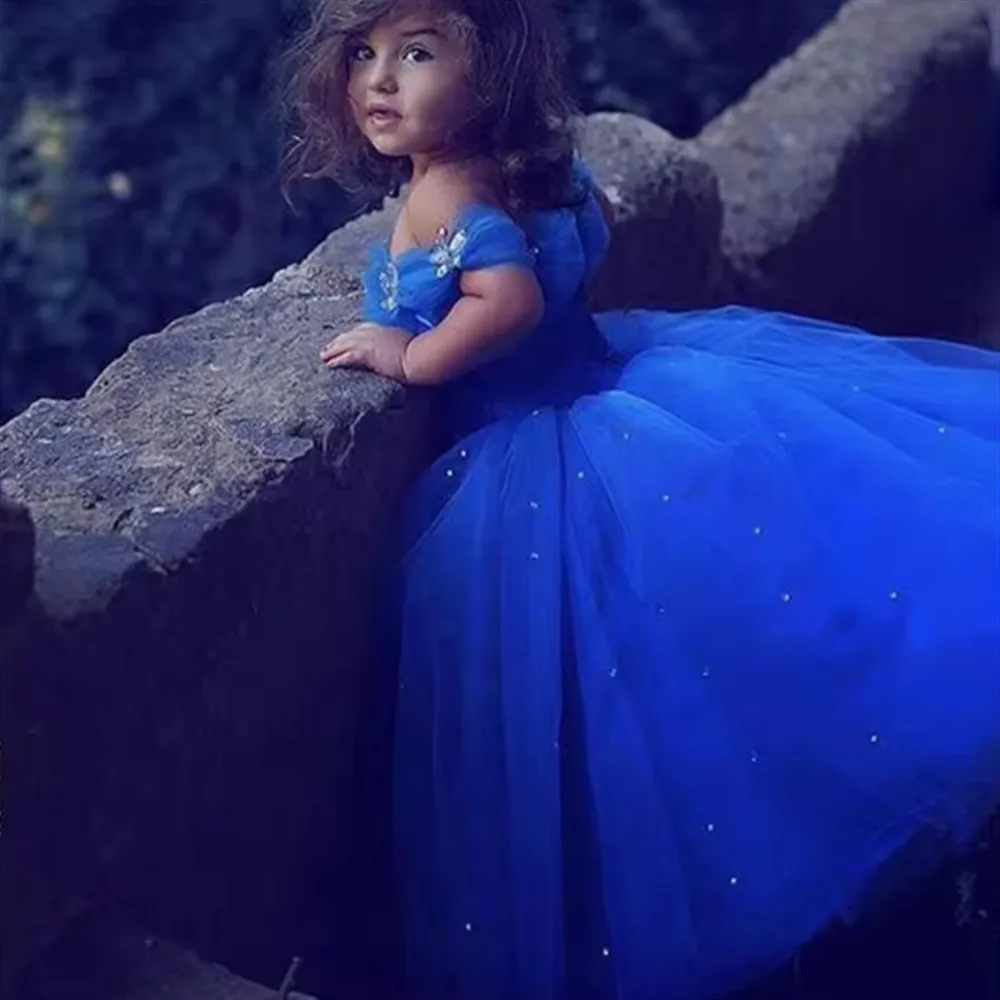 

Customized Flower Girl Wedding Dress Royal Blue Off Shoulder Tulle Layered Appliques Puffy For Birthday Banquet Princess Gown