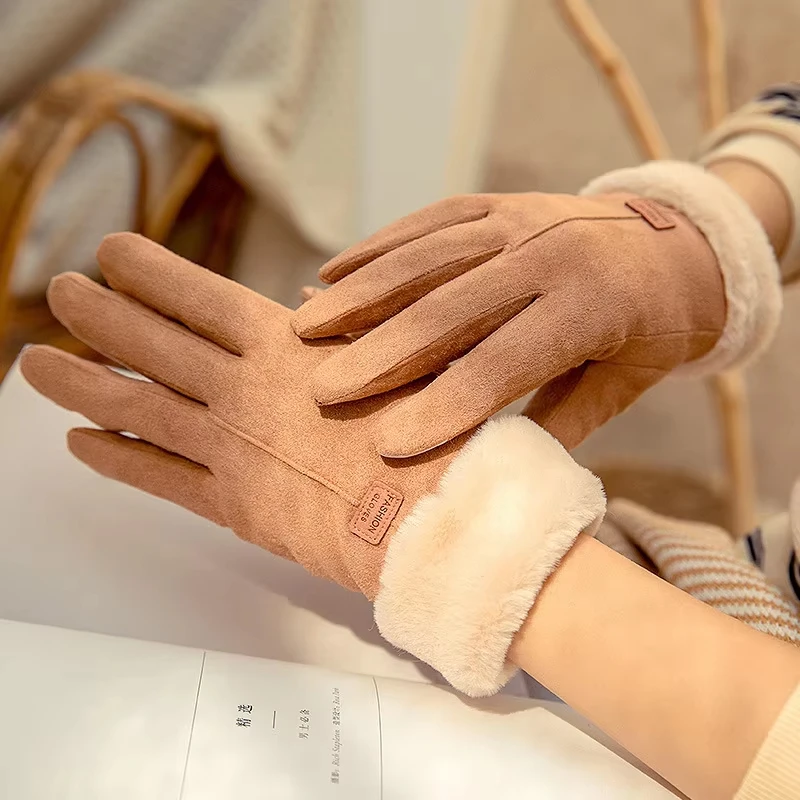 Утолщенные замшевые перчатки с сенсорным экраном, женские зимние уличные модные теплые перчатки с полным пальцем для катания на лыжах, велоспорта и пешего туризма, спортивные перчатки для женщин