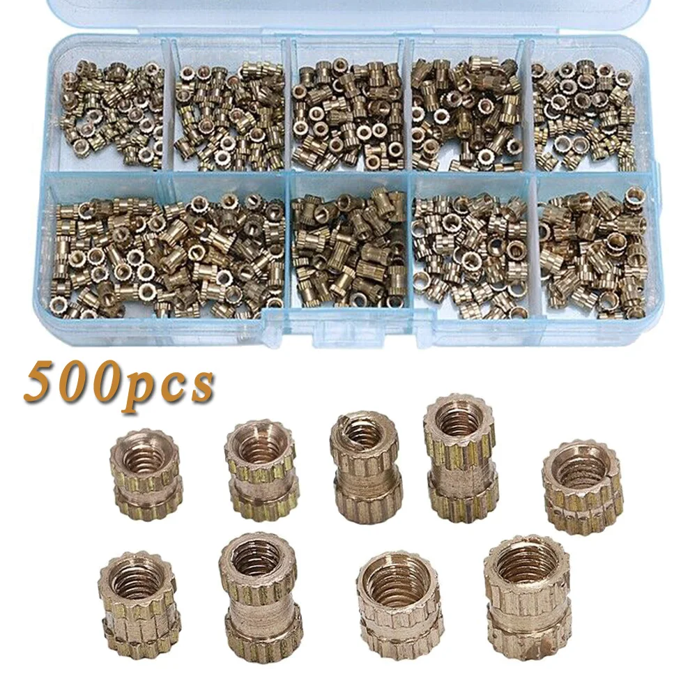 Premium Brass Knurled Nut Kit, Insert Embedment Nuts para Moldagem por Injeção, Alta Dureza e Excelente Durabilidade, 500Pcs