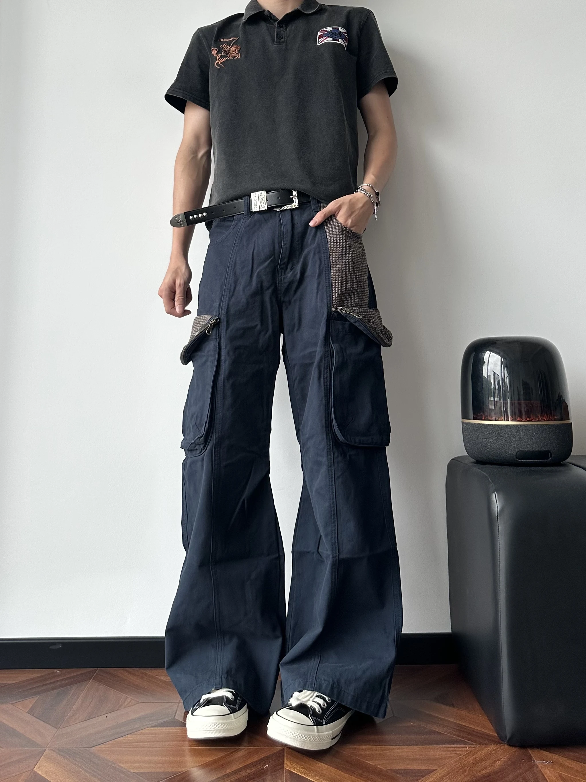 American Retro Street Double Zipper Pig Cage Pocket Work Pants Loose Casual Unisex Long Trousers Summer New Style Jeans