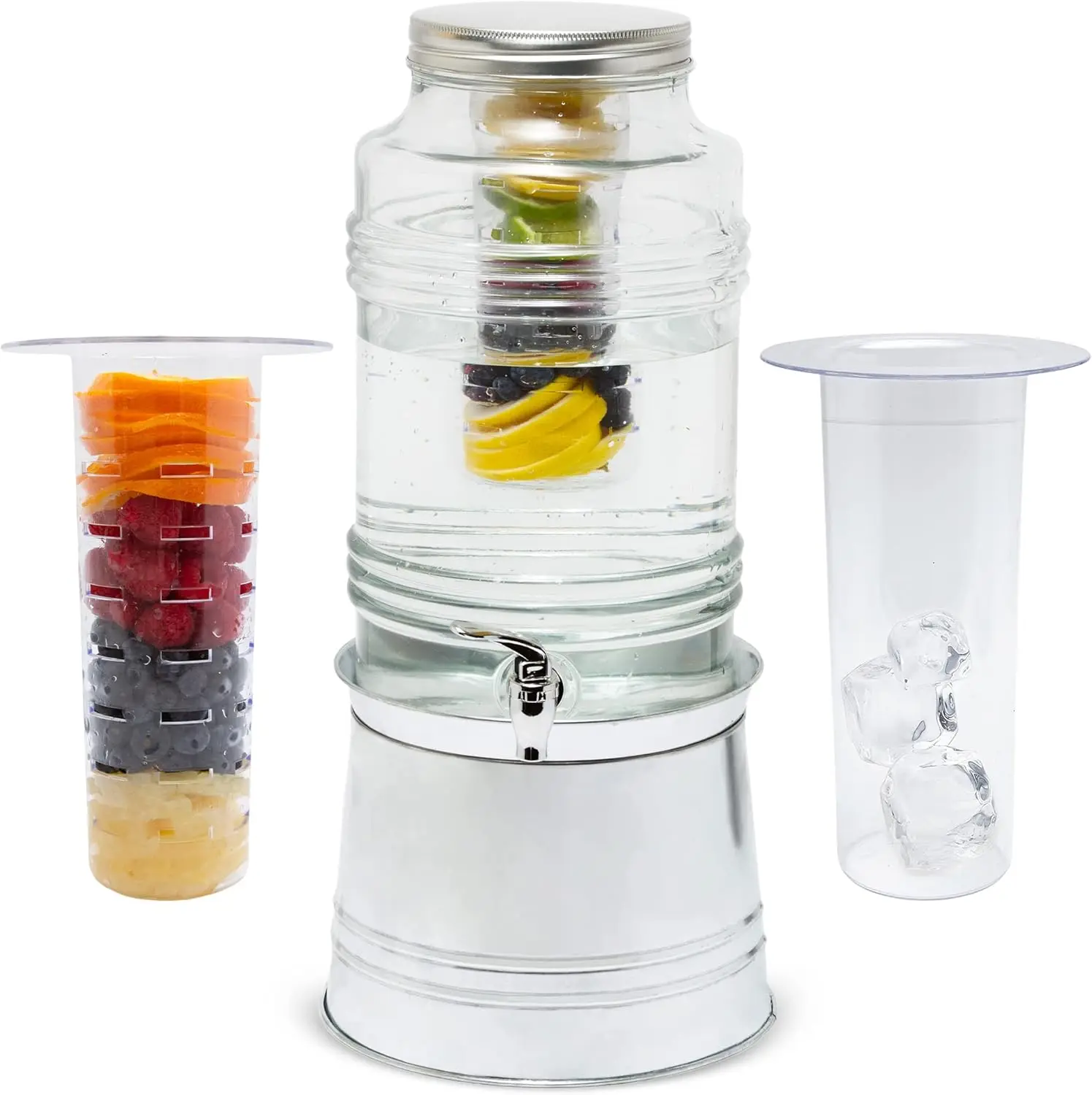 

2.4 Gallon Glass Beverage Dispenser with Leakproof Spigot, Easy Assembly, Fruit Infuser for Enhanced Flavor, and Galvanized Base - Large Capacity Drink Dispenser Perfect for Parties