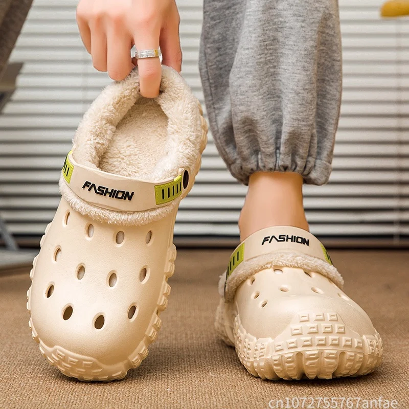 Men's Winter Clogs with Thick Soles, Non-Slip, Closed-Toe Slippers, Youth Indoor Fleece-Lined Warm Cotton Slippers