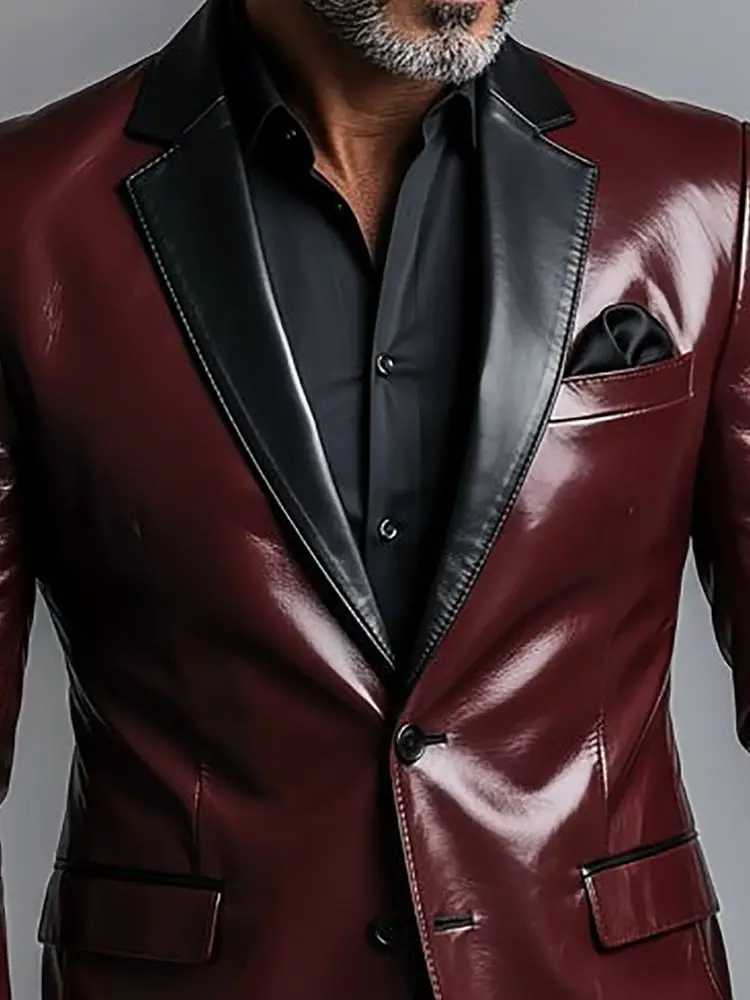 Men’s Pu Leather Business Blazer Peak Lapel Single-breasted Elegant Long Sleeves Formal Office Faux Leather Wedding Guest Jacket