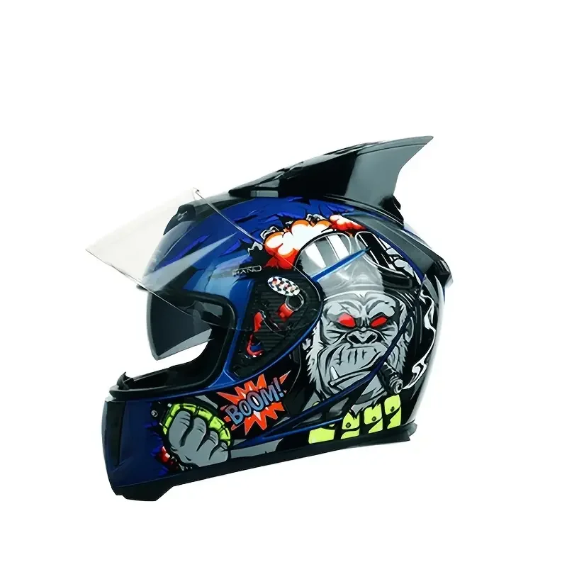 

"King Kong" Blue Motorcycle Helmet With Horns, Full Coverage Double Windshield Lens Motorcycle Racing Helmet, Safety Protective