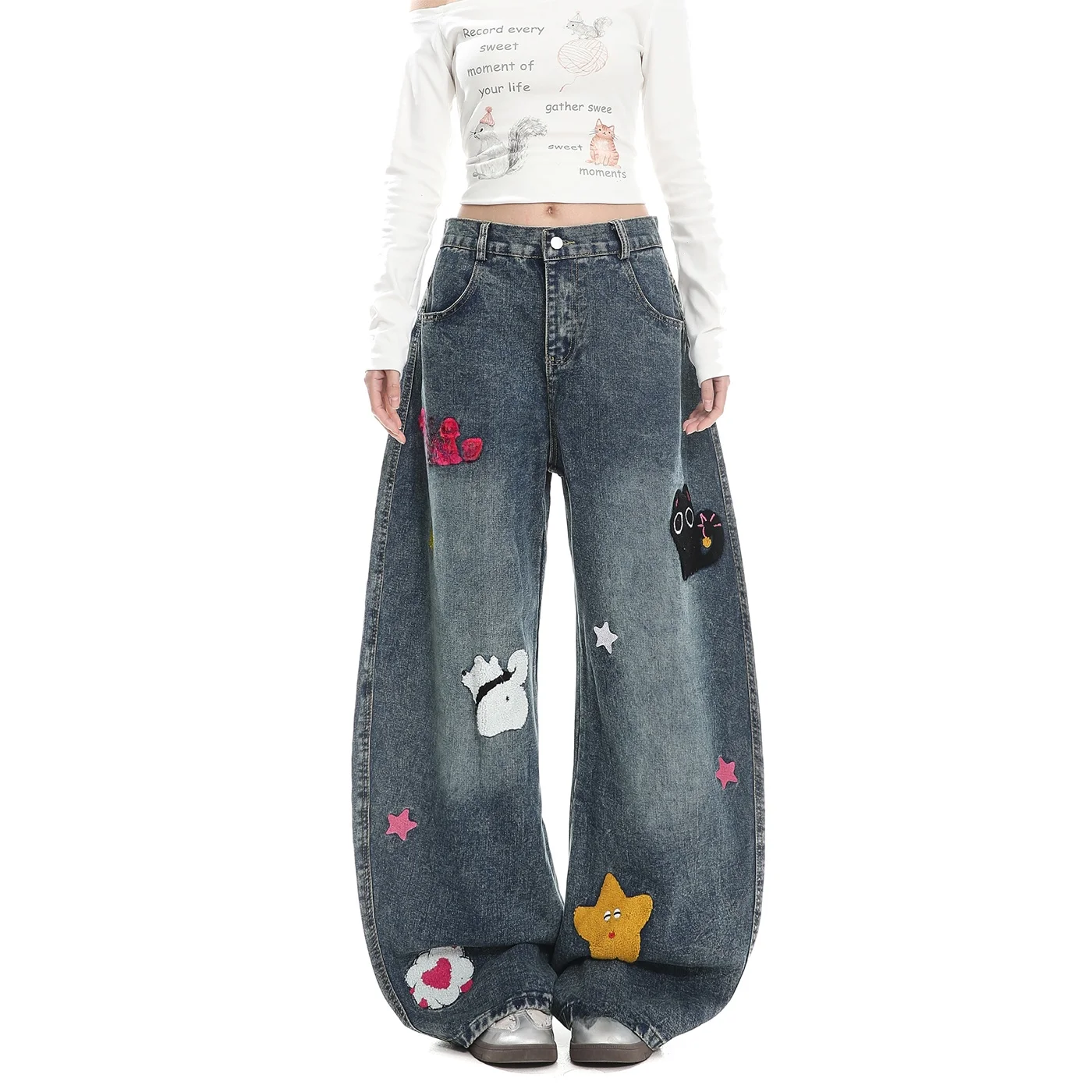 

Американские джинсы в стиле ретро с мультяшной вышивкой, женские, свободные, универсальные, струящиеся, с широкими штанинами, весенняя коллекция