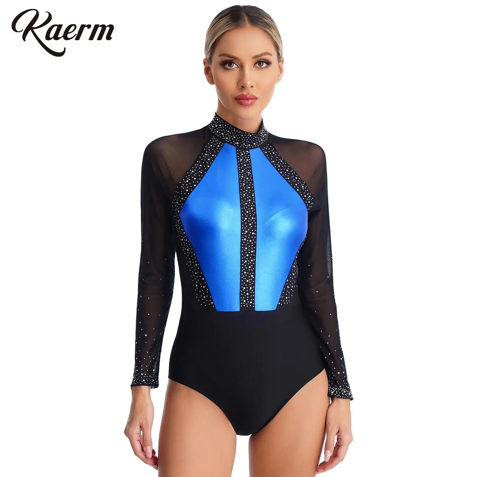 Women’s Gymnastics Dance Costume Rhinestones Leotard Color Block Patchwork Mesh Long Sleeve Bodysuit Novelty Skating Romper