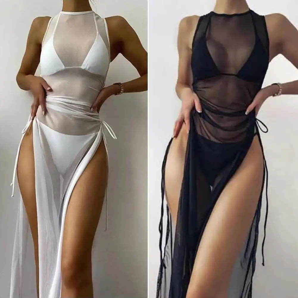 Fashion Sunscreen Dress Anti UV Net Yarn Thin Summer Dress O neck Sun Swimwear Cover Up for Outdoor