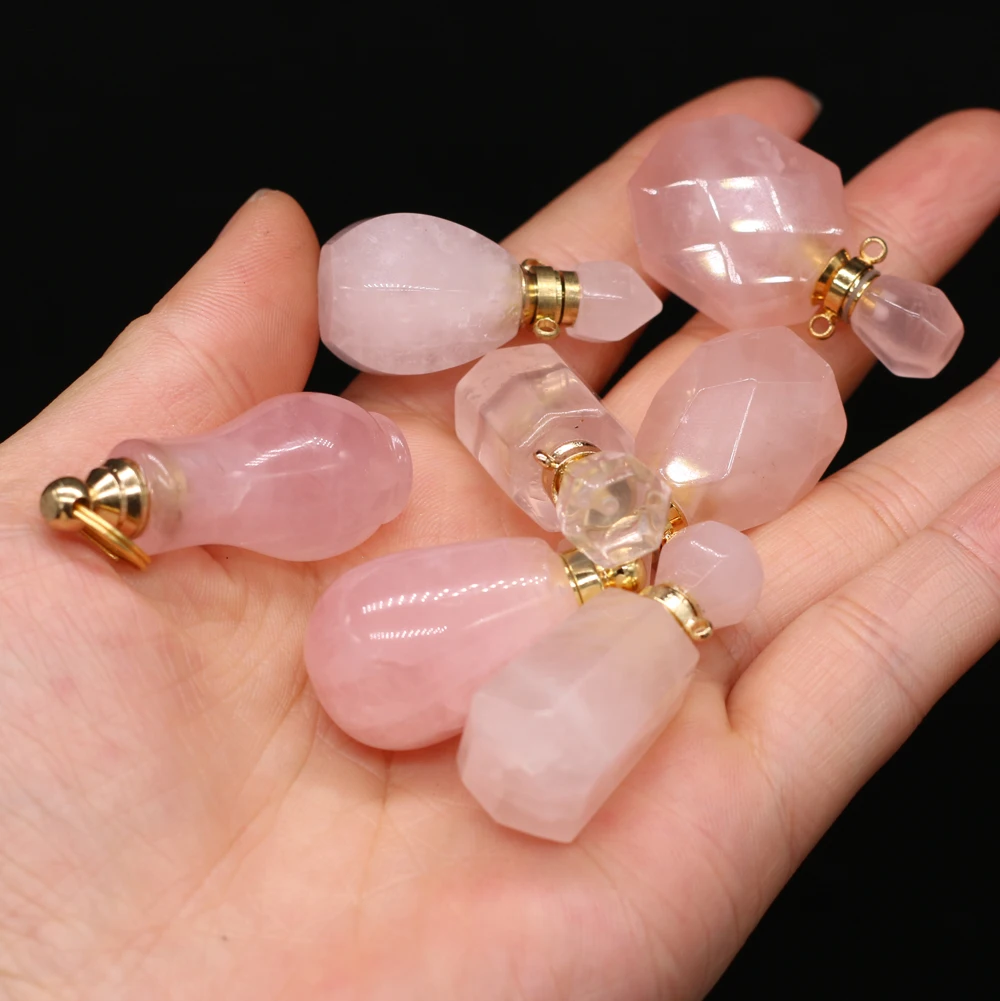 Multiple Styles Natural Rose Quartzs Pendant Charms Perfume Bottle Essential Oil Diffuser for Making DIY Jewerly Necklace