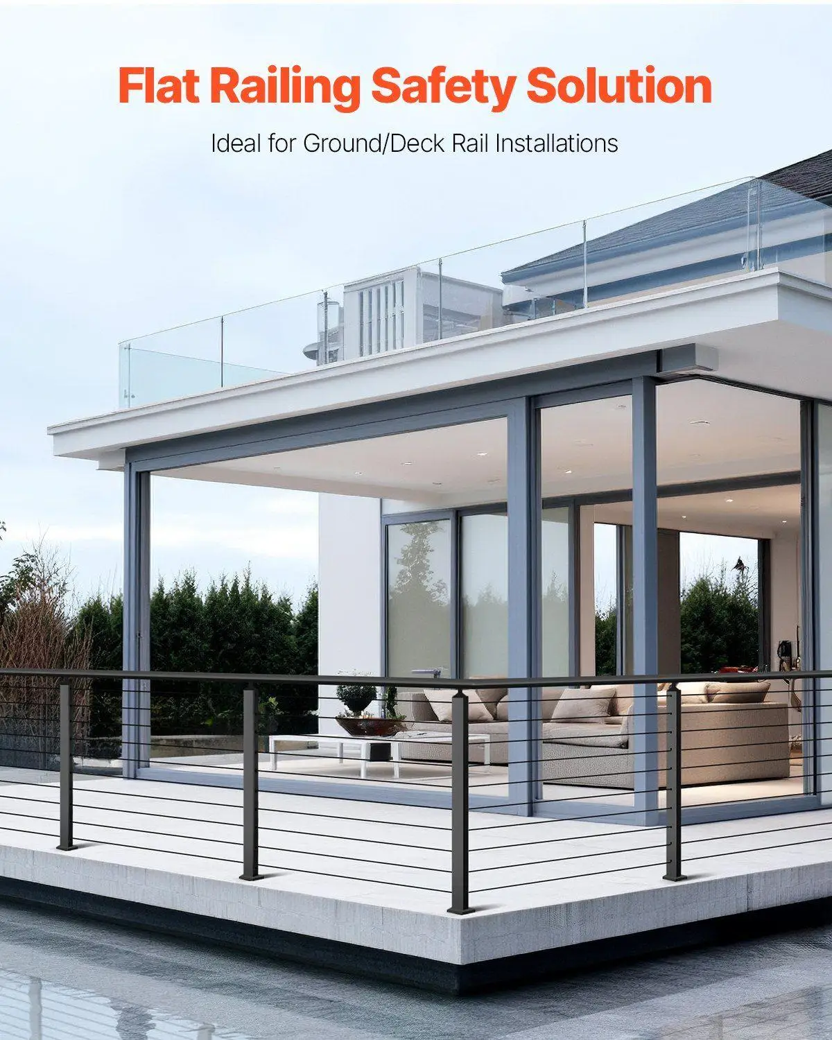 عمود سكة كابل 36 × 1 × 2 بوصة للطوابق مع دعامة تثبيت للطائرات مع لمسة نهائية سوداء من الفولاذ SUS304