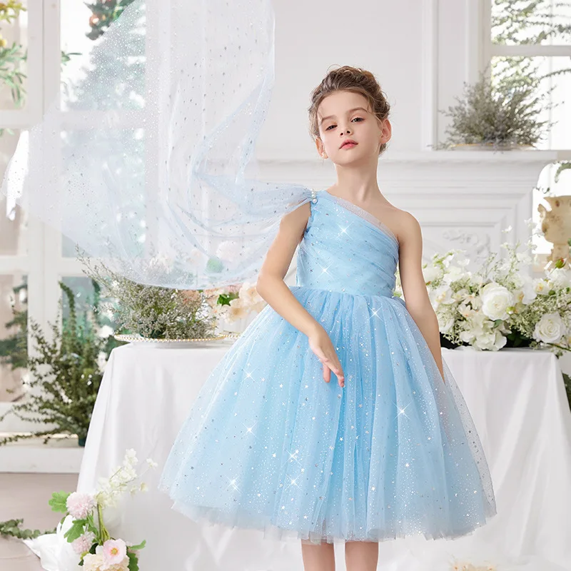 children's slanted shoulder princess dress for girls puffy birthday party catwalk performance wedding