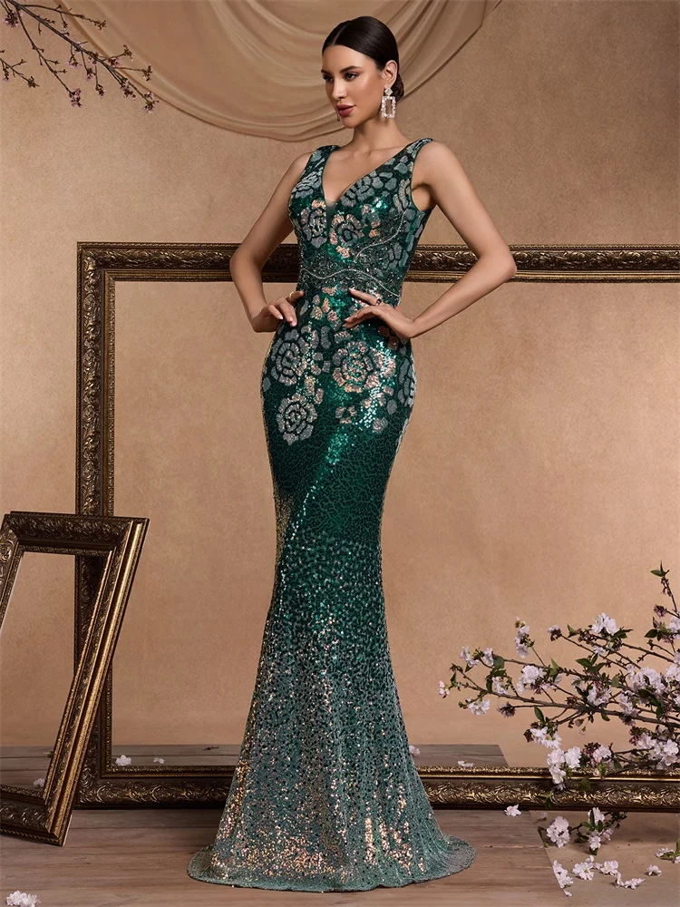 Elegant V-Neck Green Sequins Evening Dresses Long New Luxury Women Formal Mermaid Wedding Party Prom Cocktail Gowns view 4