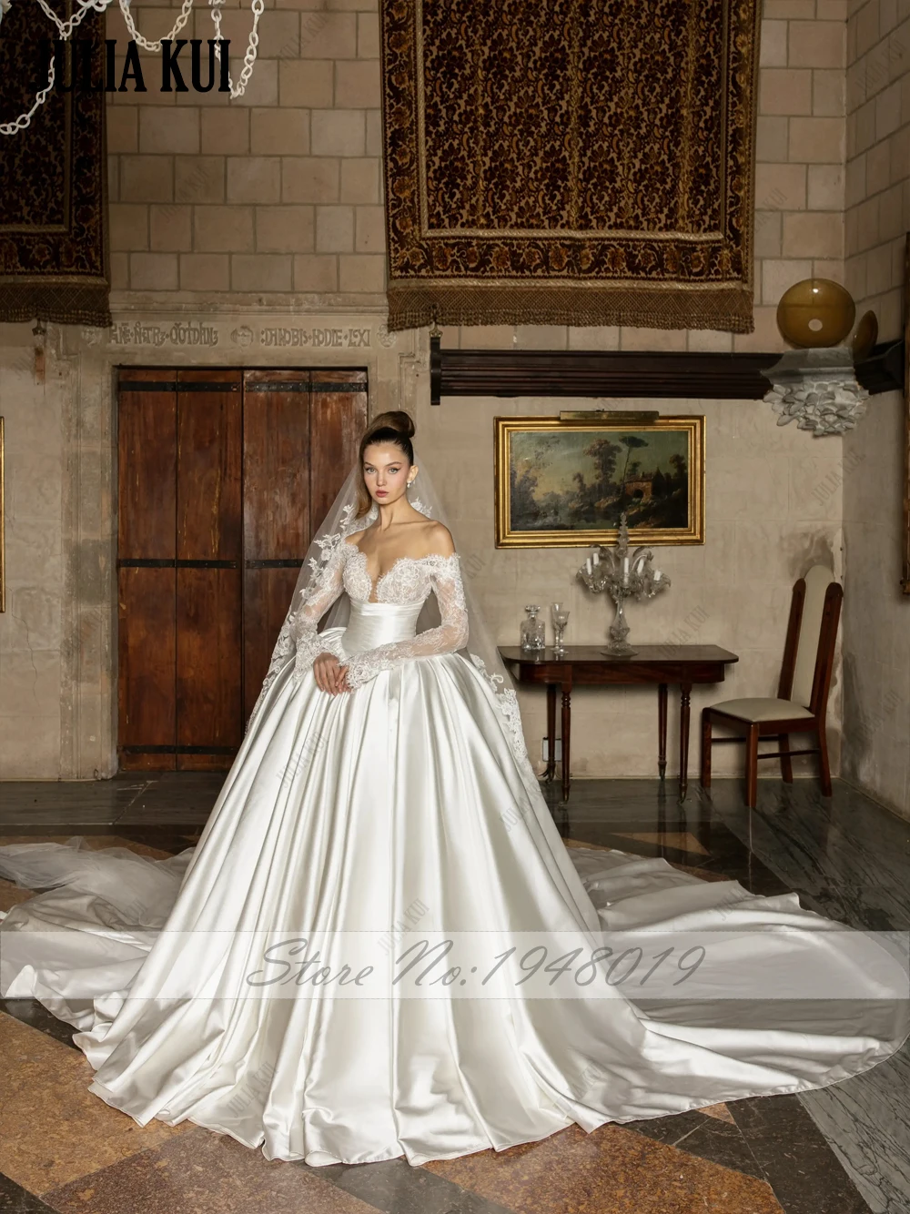 فساتين زفاف جوليا كوي الفاخرة المصنوعة حسب الطلب من الساتان المنتفخ بدون أكتاف وأكمام طويلة على شكل قلب من الدانتيل وطيات على شكل كرة فساتين العروس #3