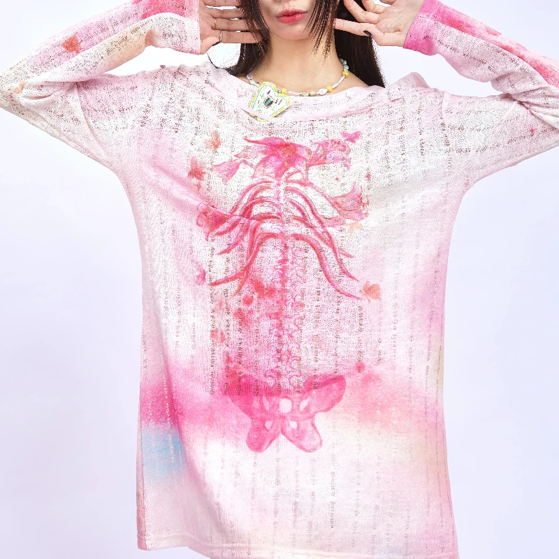 Nouveaux vêtements pour femmes rose fleur col rond Pullpvers impression 2025 printemps automne à manches longues polyvalent mince tricoté pull fille