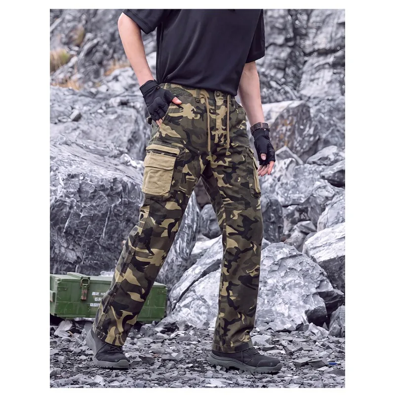 Outdoor Men Camo Tactical Cargo Pants Multi Pockets Drawstring Elastic Waist Wear Resistant Straight Hiking Work Streetwear Trou