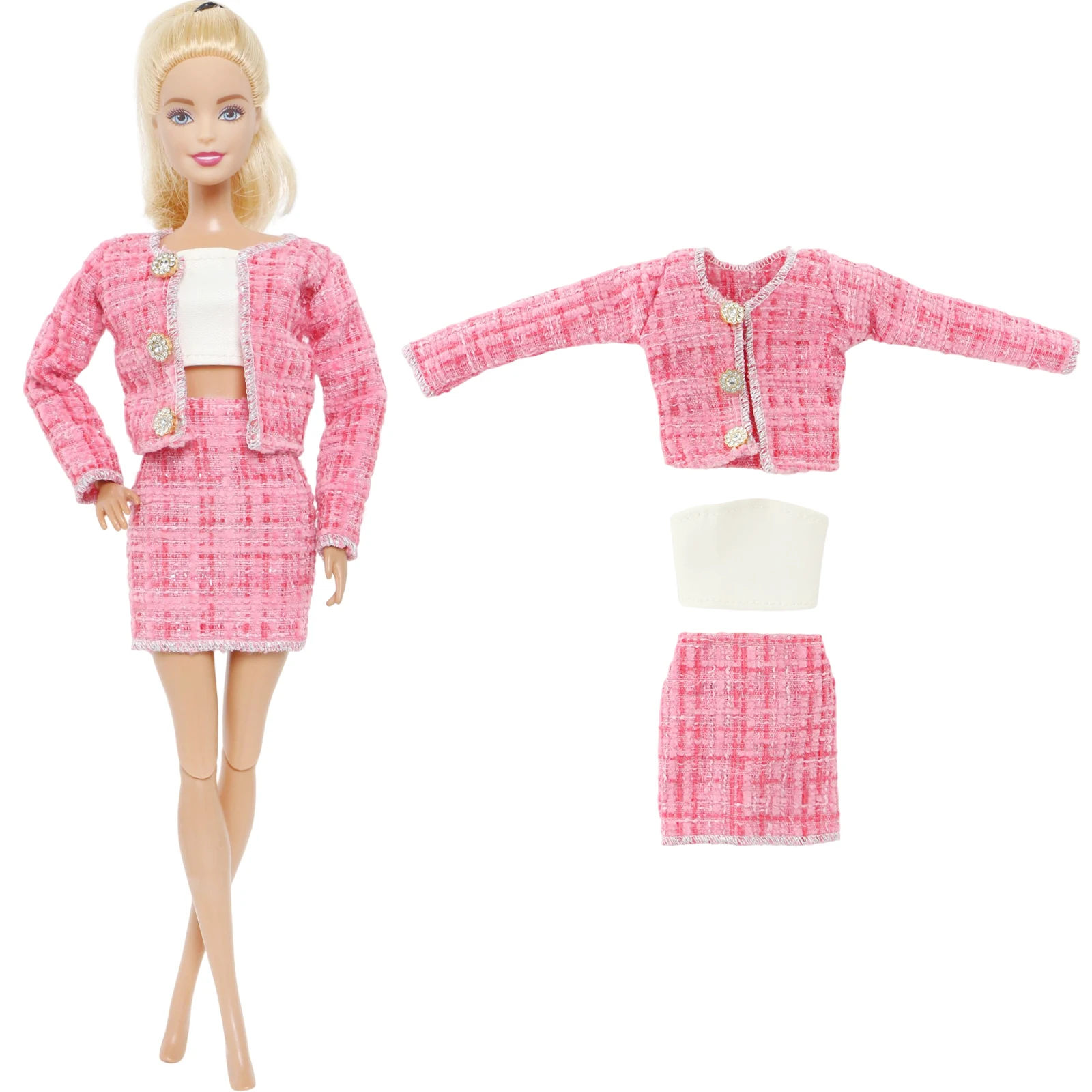 BJDBUS Handmade Doll Dress Pink Plaid Long Sleeves Suit Mini Skirt Autumn Clothes for Barbie Doll Dollhouse Accessories DIY Toys