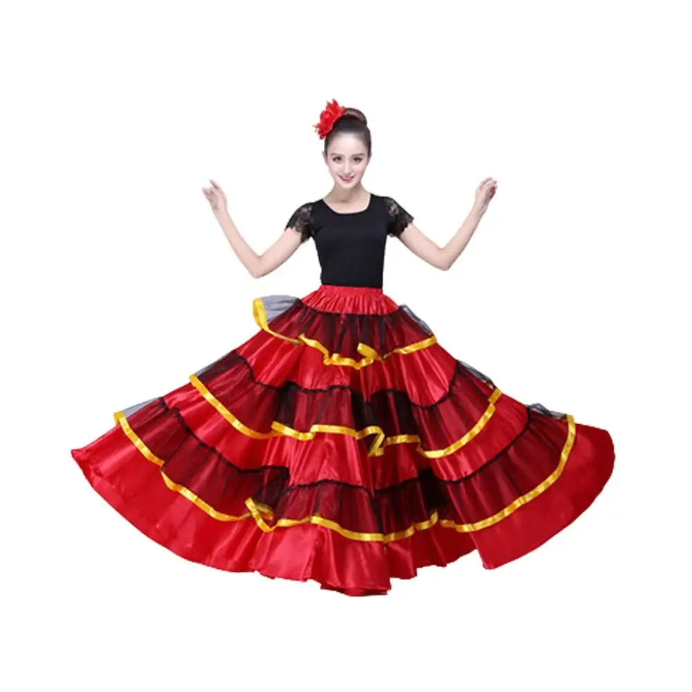 Gonna da flamenco spagnola liscia alla moda Grande altalena in poliestere Gonna altalena grande Festa Sala da ballo Danza Costumi di danza del ventre Danza