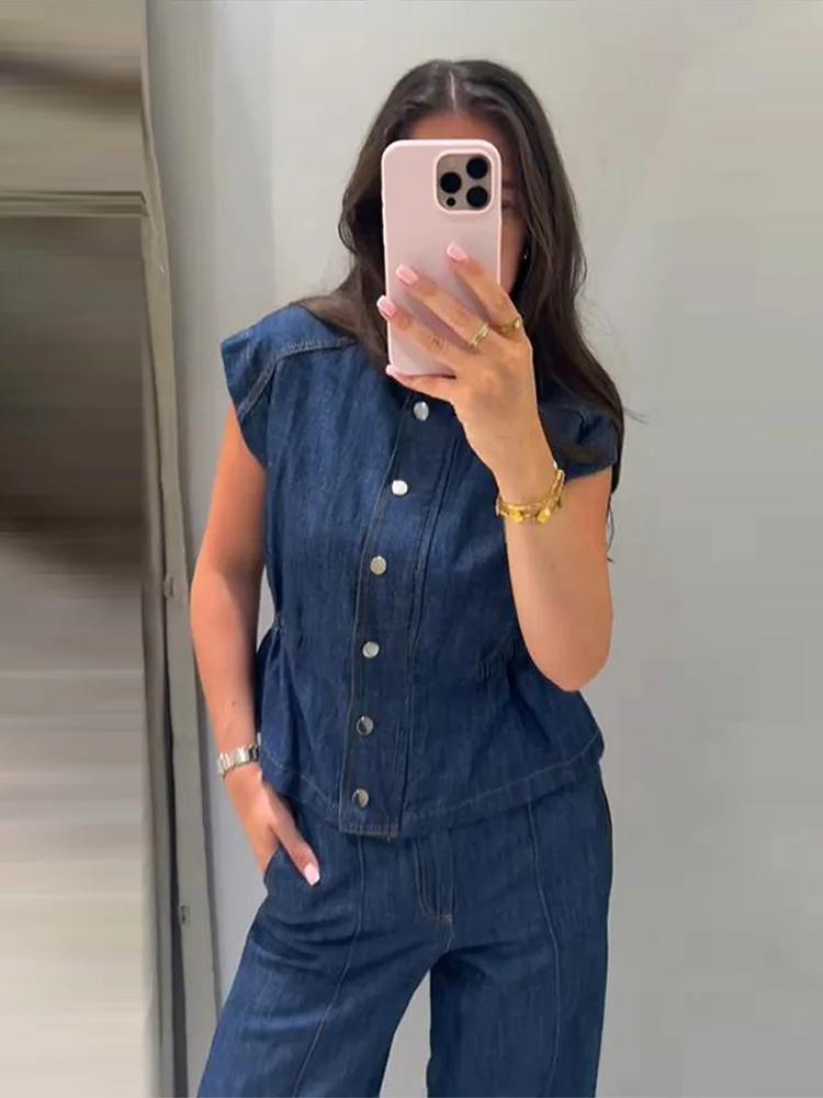 Ärmelloses Jeanswesten-Hosen-Set für Damen mit elastischem Bund, Stehkragen-Oberteil mit Knopfleiste und gerader Hose – Schickes Streetwear-Outfit für die moderne Dame – Detail 6