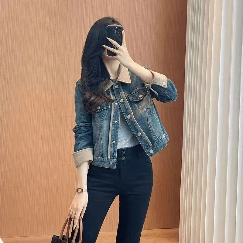 2025 Spring Autumn Women's Fashion Vintage Wash Denim Jacket Petite Size European Style Trendy Casual Coat