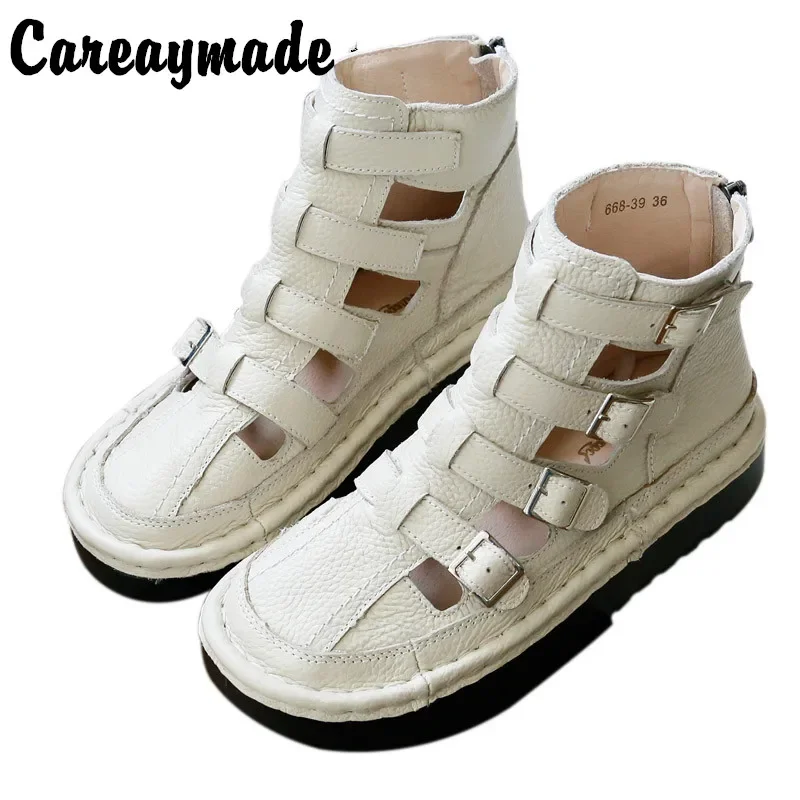 Careaymade-Pure handmade  breathable sandals,the retro art mori girl Flats shoes,leather thick bottom cool Rome style boots