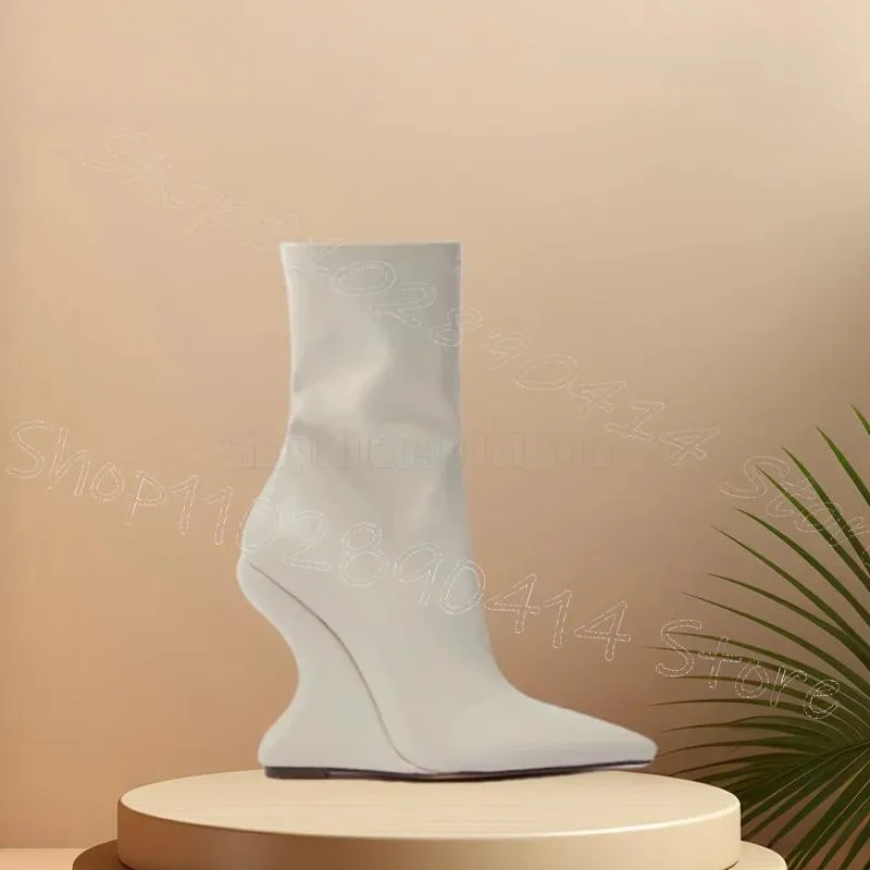 

White Strange Style Heels Matte Leather Mid Calf Boots Side Zipper Women Shoes Pointed Toe Party Feast 2025 Zapatos Para Mujere