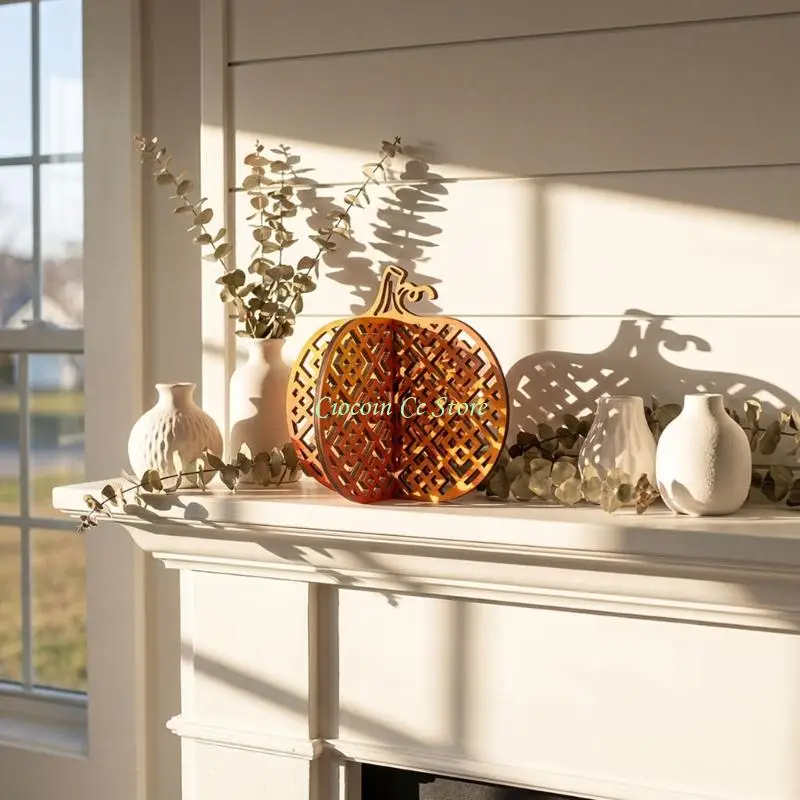 X90F Farmhouses Thanksgiving Pumpkin Figurine Decors, Freestanding Cutouts Pumpkin Ornament for Desktop Shelf Classroom and