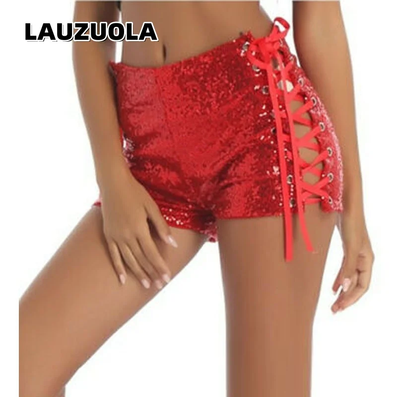 Women's High-Waist Sexy Lace-Up Hollow Out Drawstring Sequin Shorts 2026 New Summer Women Sexy Night Club Party Short Pants Y2K