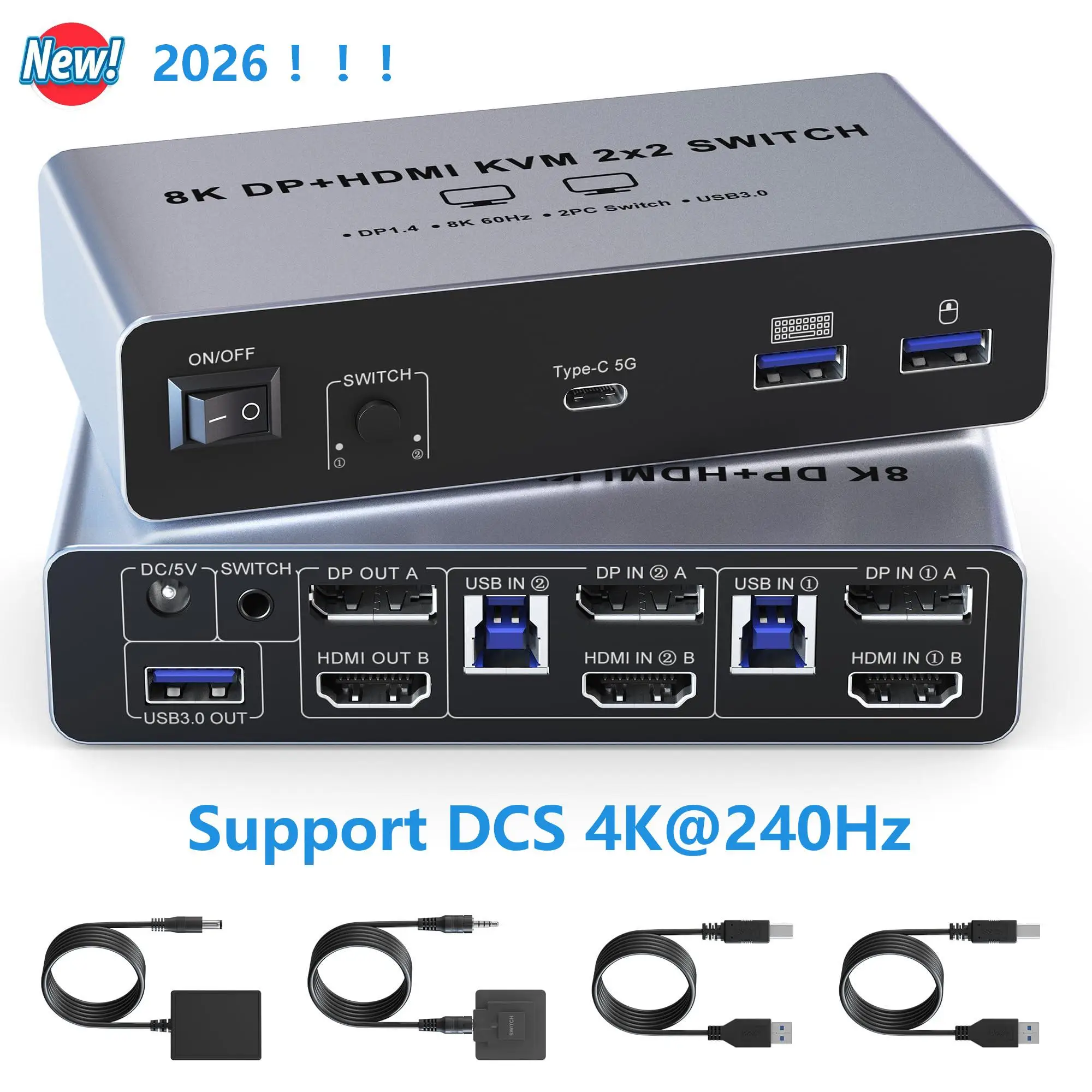 

4K@240Hz 2x2 HDMI DP KVM Switch Dual Monitor Extended Display USB 3.0 Switcher 2 in 2 out for 2 Computers 2 Monitors 4 USB 3.0